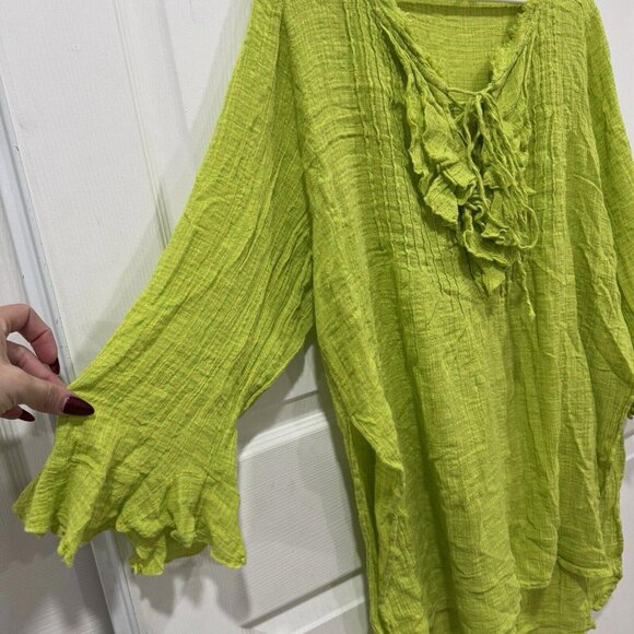 Women’s Free People One Green Bright Poppy Ruffled Collar Small S Blouse Shirt - Picture 3 of 10